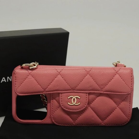 CHANEL Matelasse Chain iPhone Case Lamb Skin Pink CC Auth PP819 - Picture 1 of 15